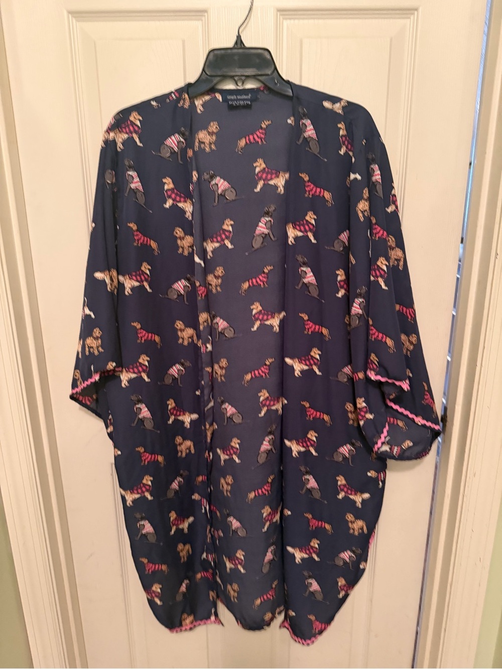 Simply Southern Navy Dog Print Kimono Jacket with Pink Trim